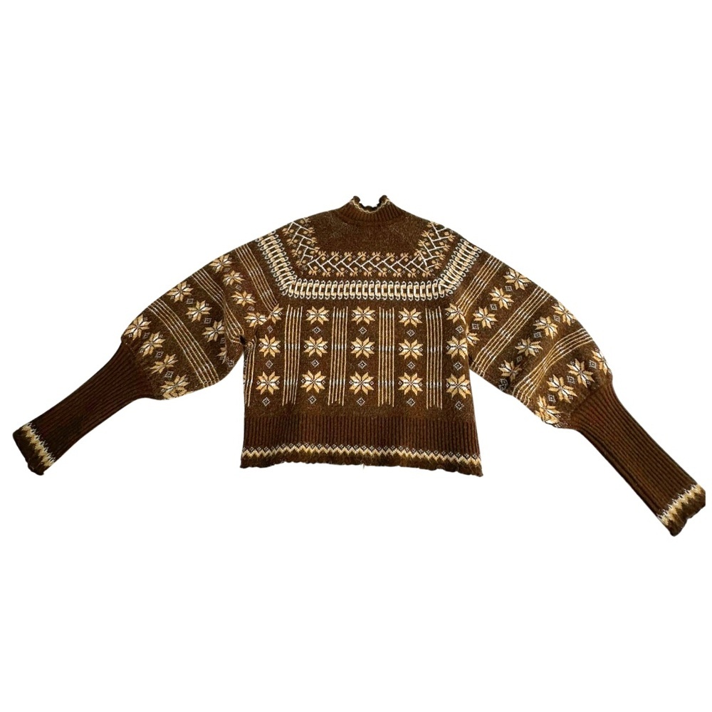 House of Harlow Nordic Zip Sweater Large Brown Fair Isle Knit - Picture 2 of 9